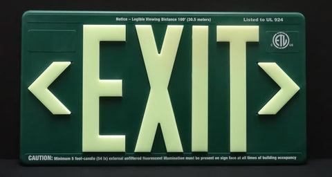 100' Photoluminescent Green Exit Sign - UL924 **Outdoor Rated**